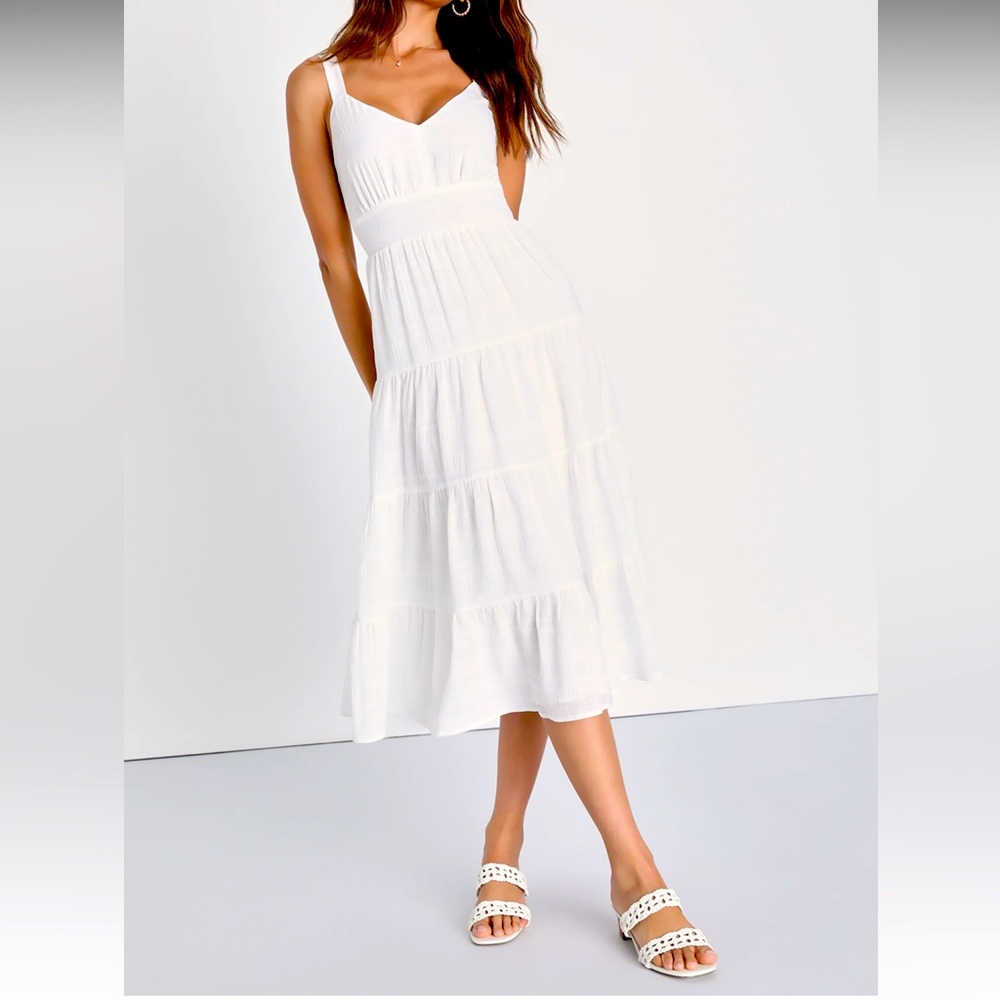 White plaid tiered tie back midi dress